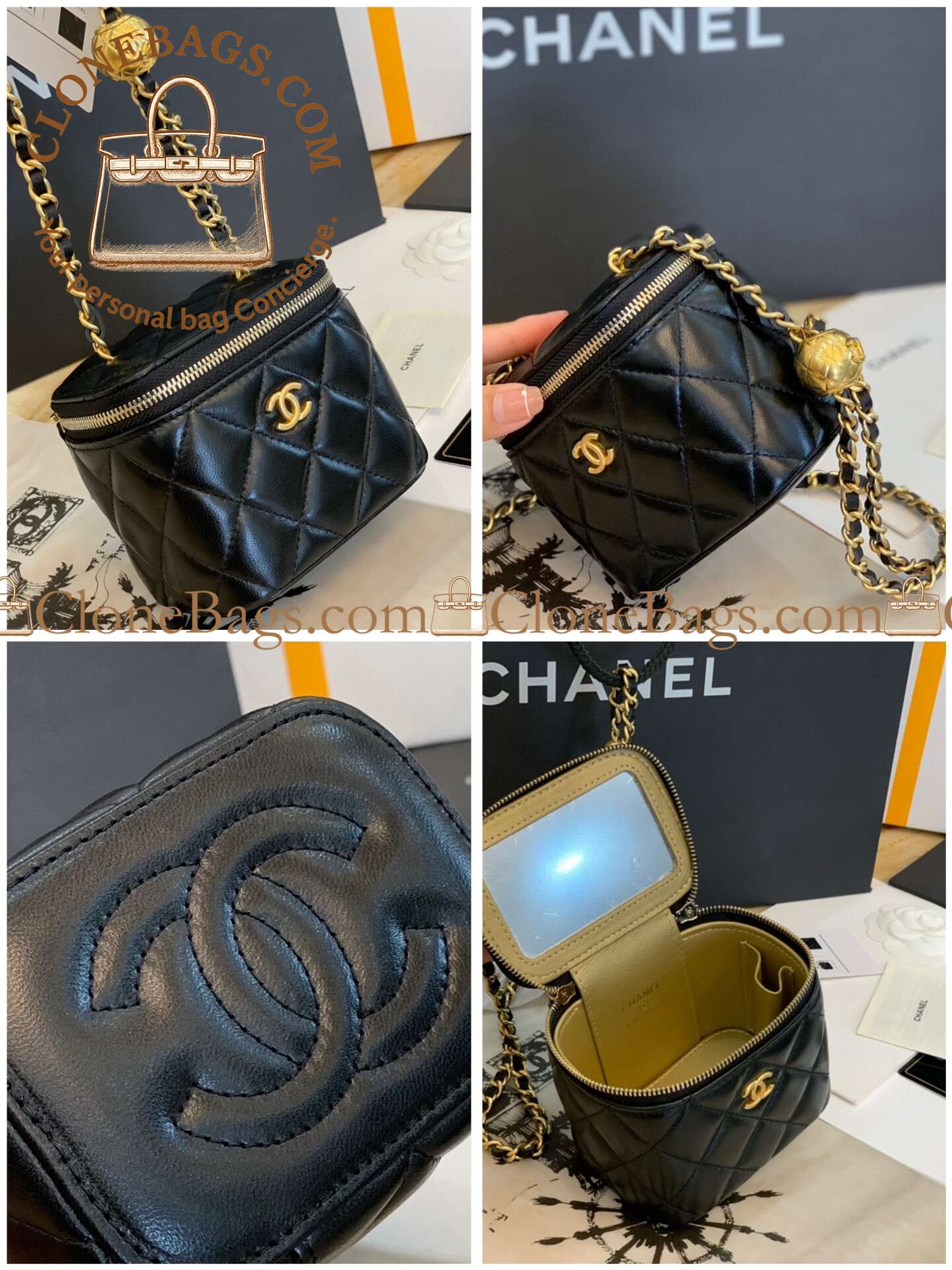 Chanel Replica Designer Bags 1:1 Lambskin Quilted Mini Pearl Crush Vanity Case With Chain Black - Image 9