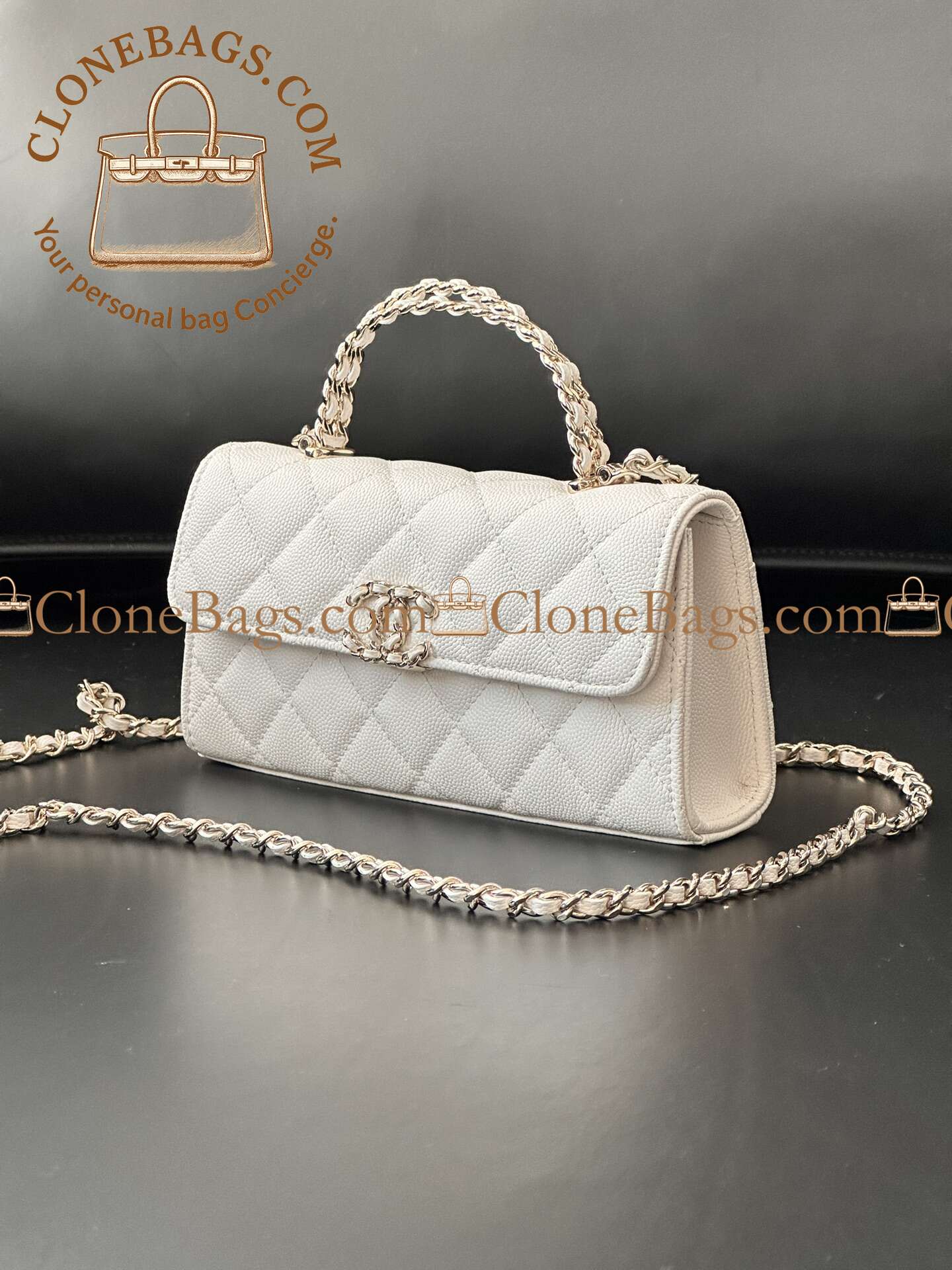 Chanel Replica Designer Bags 1:1 Caviar Quilted Match Top Handle Phone Holder With Chain White - Image 2