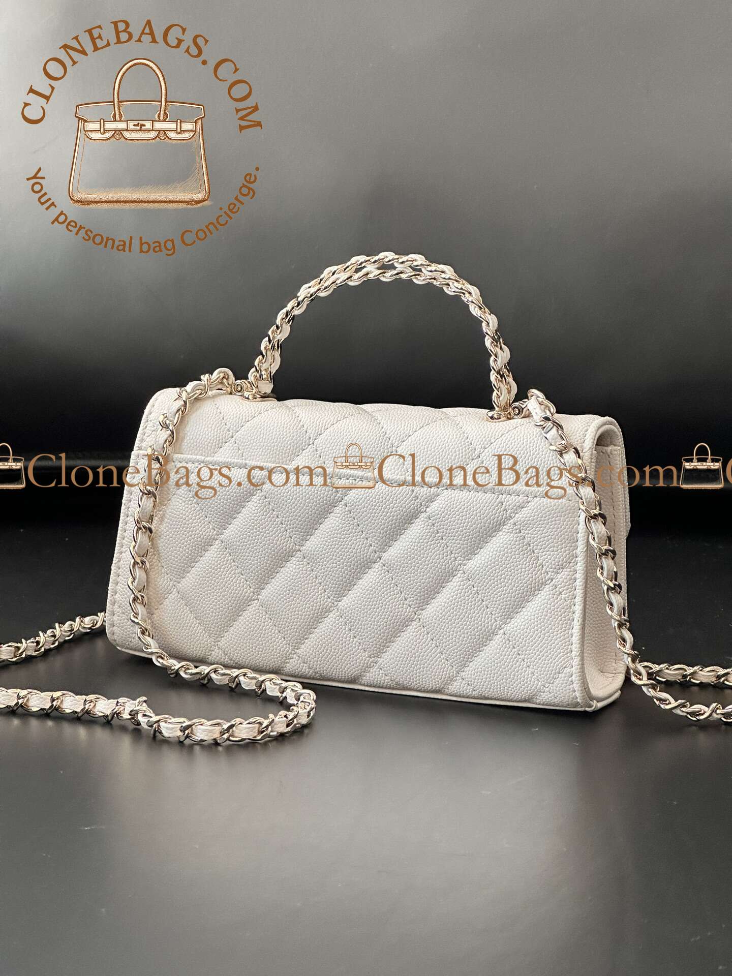 Chanel Replica Designer Bags 1:1 Caviar Quilted Match Top Handle Phone Holder With Chain White - Image 9