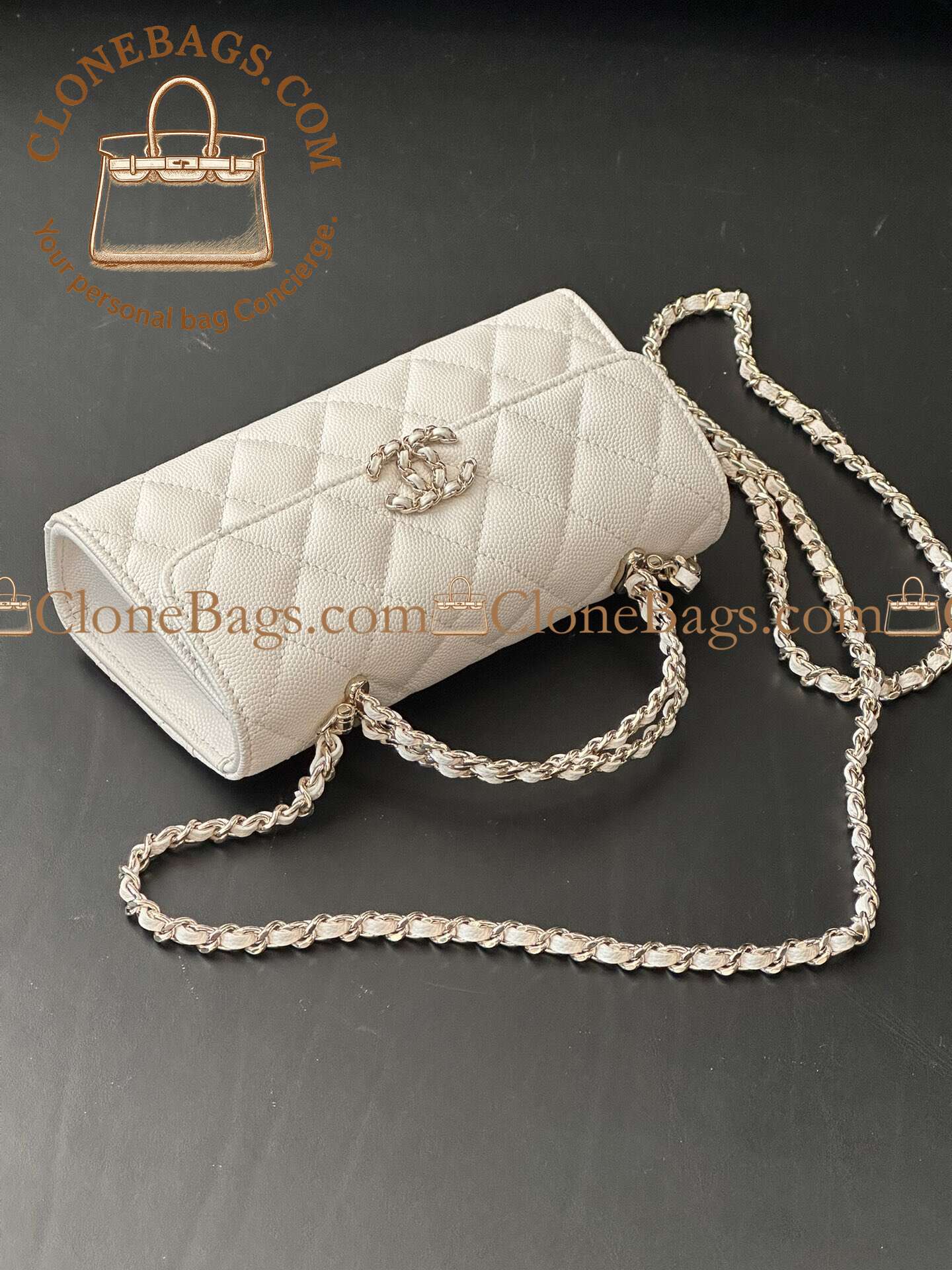 Chanel Replica Designer Bags 1:1 Caviar Quilted Match Top Handle Phone Holder With Chain White - Image 6