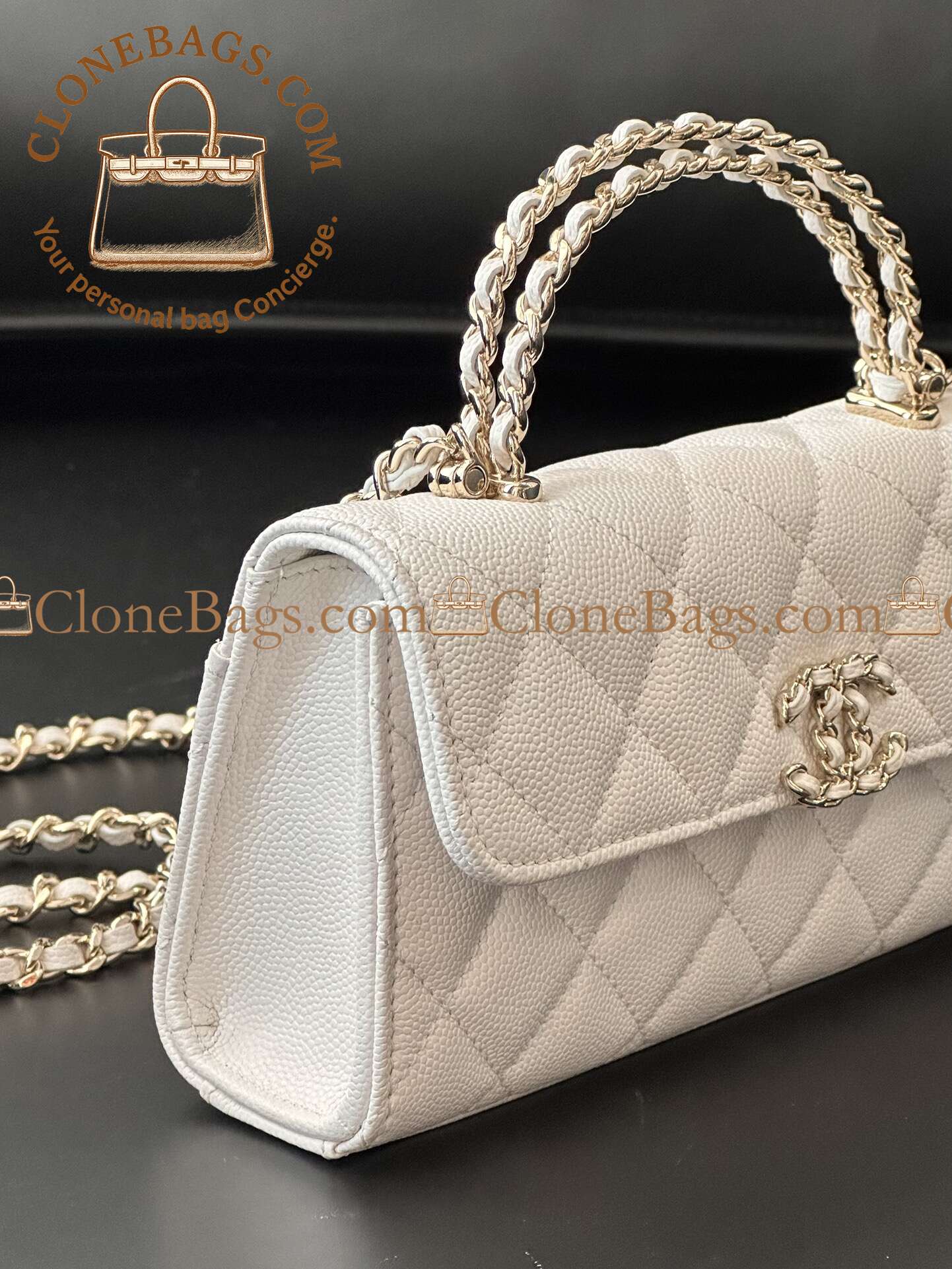 Chanel Replica Designer Bags 1:1 Caviar Quilted Match Top Handle Phone Holder With Chain White - Image 8