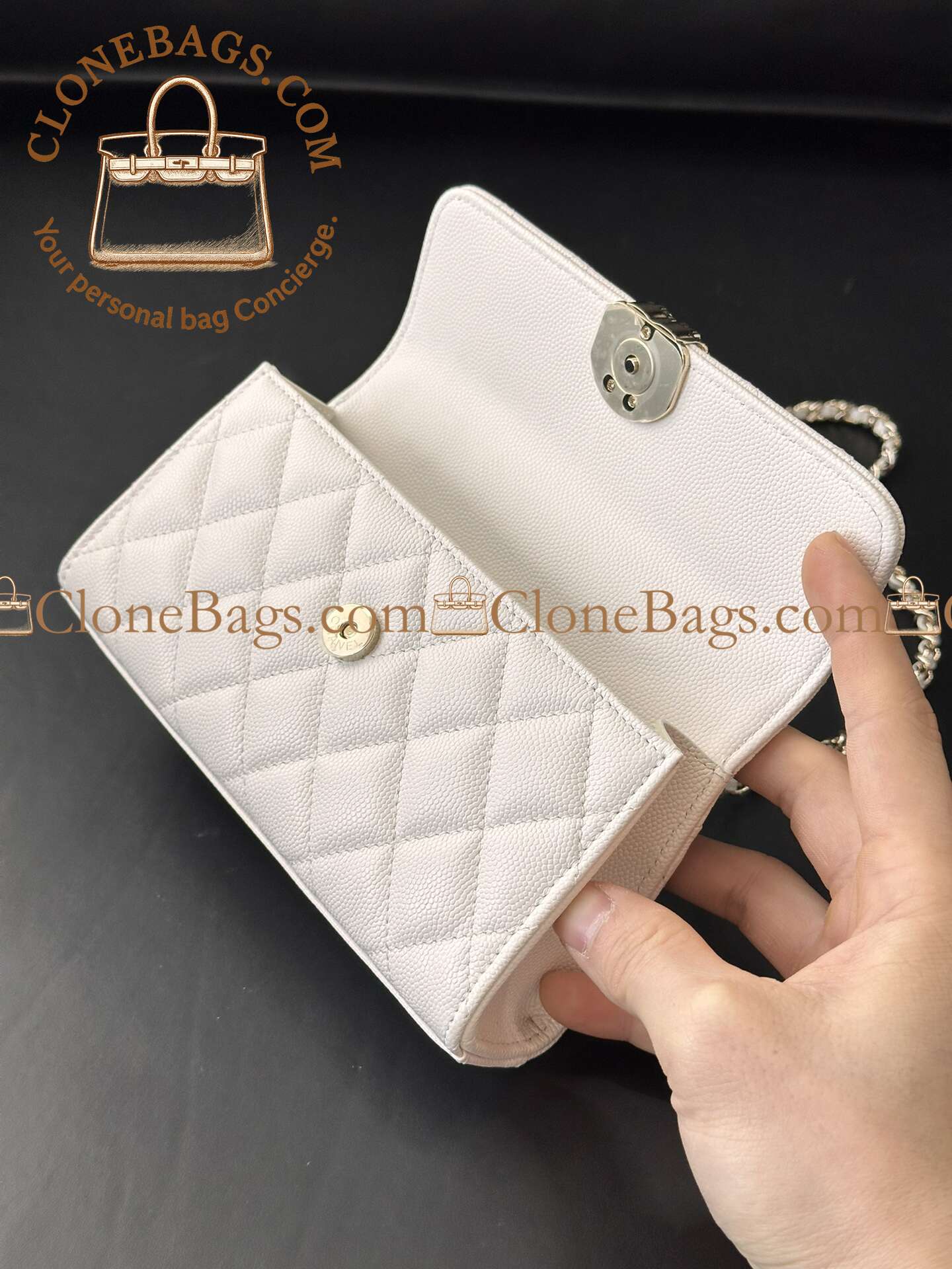Chanel Replica Designer Bags 1:1 Caviar Quilted Match Top Handle Phone Holder With Chain White - Image 4