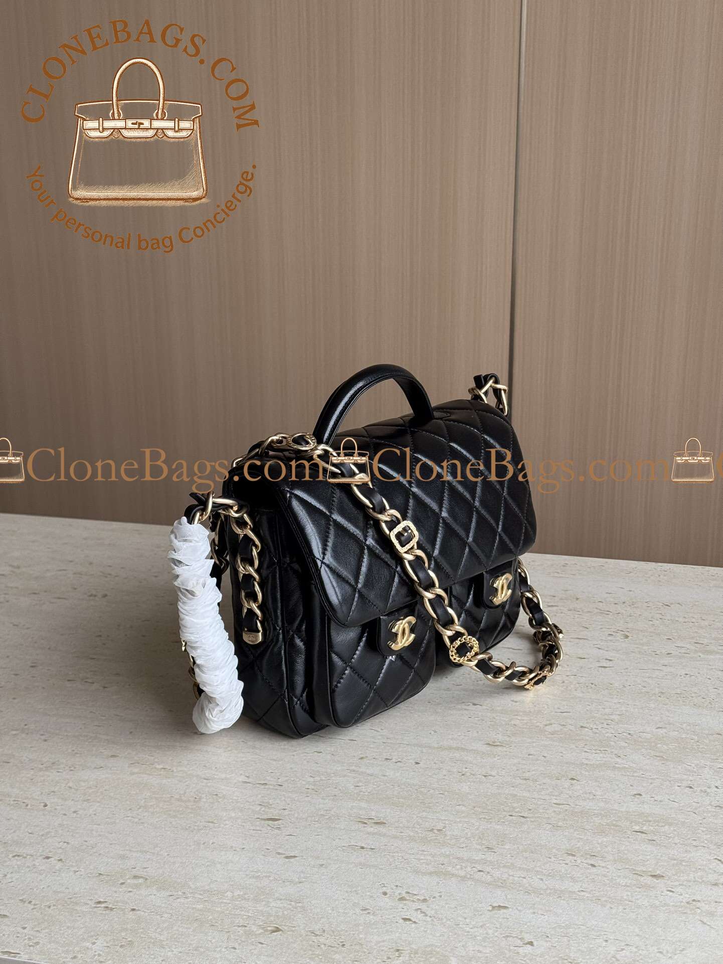 Chanel Replica Designer Bags 1:1 24A Flap Bag with Top Handle Black Shiny Lamb GHW - Image 4