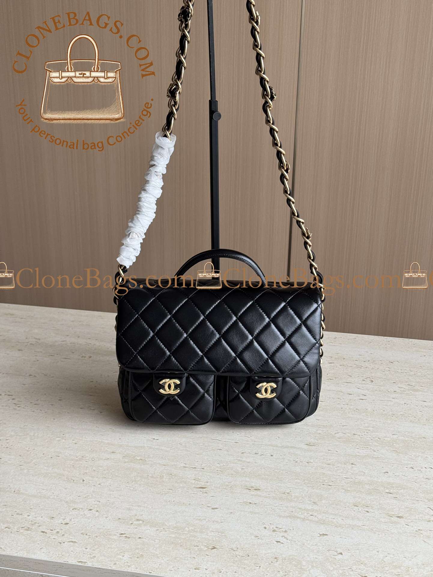 Chanel Replica Designer Bags 1:1 24A Flap Bag with Top Handle Black Shiny Lamb GHW - Image 2