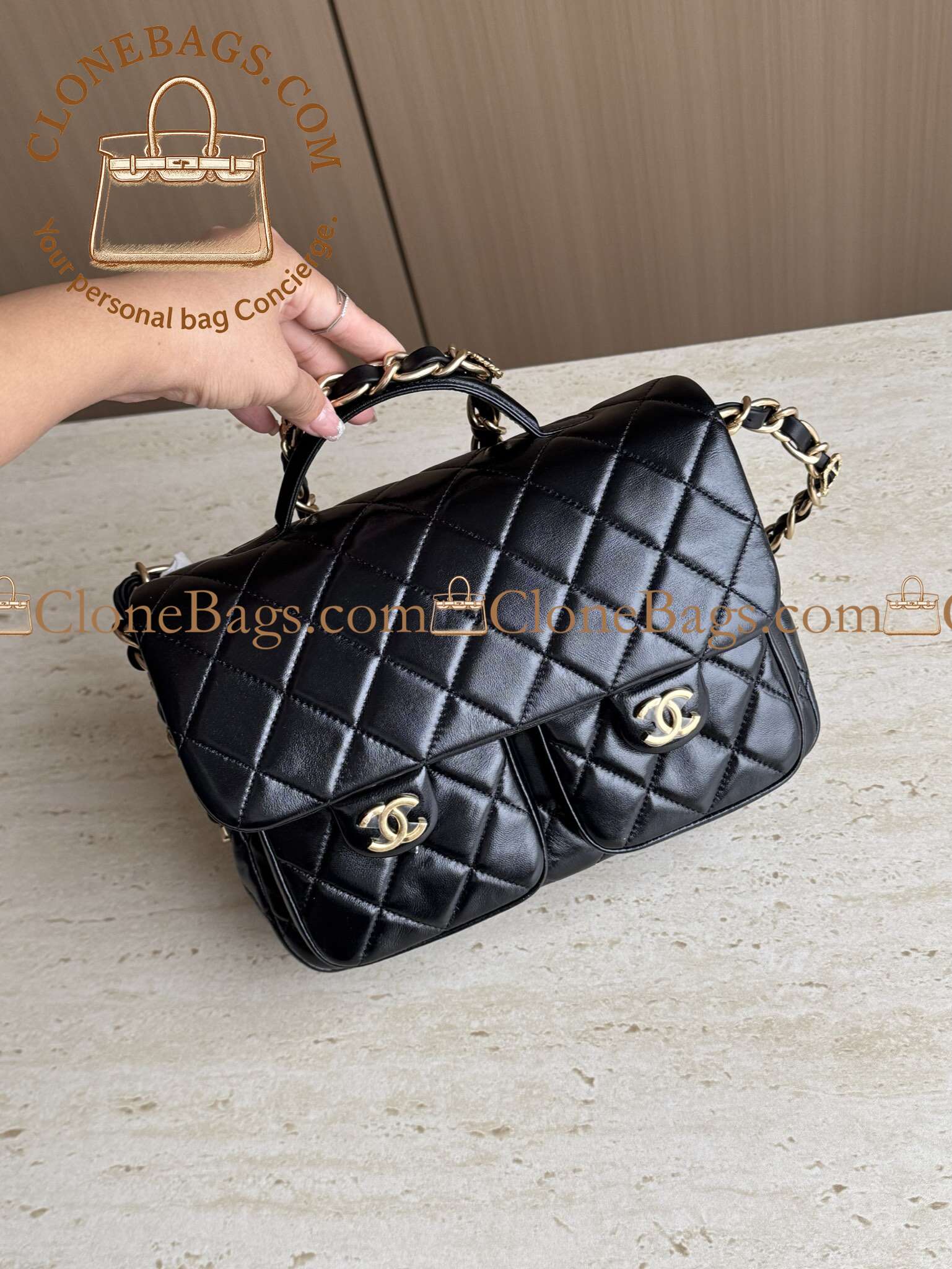 Chanel Replica Designer Bags 1:1 24A Flap Bag with Top Handle Black Shiny Lamb GHW - Image 3