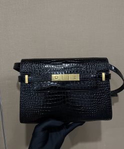 Saint Laurent 1:1 Top Replica: Manhattan Small Shoulder Bag in Black Crocodile-Embossed Leather
