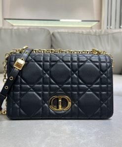 Medium Soft Dior Caro Bag Black Gold-Tone Metal 16.0 × 9.0 × 25.0 CM