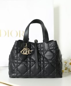 Medium Dior Toujours Bag Black Gold-Tone Metal 21.5 × 17.0 × 28.5 CM
