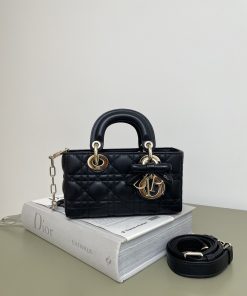 Mini Lady D-Joy Bag Black Gold-Tone Metal 10.5 × 5.5 × 19.0 CM