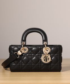 Small Lady D-Joy Bag Black Pale Gold-Tone Metal 11.0 × 6.0 × 22.0 CM