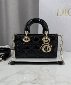 Small Lady D-Joy Bag Black Pale Gold-Tone Metal 11.0 × 6.0 × 22.0 CM