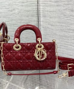 Small Lady D-Joy Bag Cherry Red Patent Cannage Calfskin Pale Gold-Tone Metal 11.0 × 6.0 × 22.0 CM