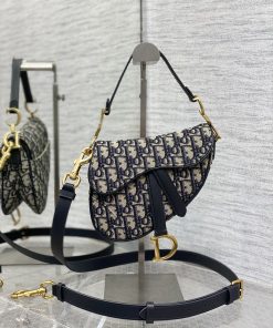 Mini Saddle Bag with Strap Blue Dior Oblique Jacquard Antique Gold-Tone Metal 15.0 × 6.0 × 19.0 CM