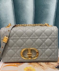 Medium Dior Caro Bag Stone Gray Supple Cannage Calfskin Antique Gold-Tone Metal 15.5 × 9.0 × 25.5 CM