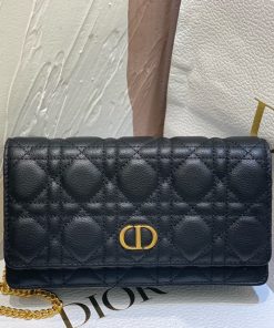 Dior Caro Pouch with Chain Black Antique Gold-Tone Metal 11.5 × 3.5 × 20.0 CM