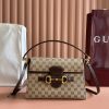 Gucci Replica Designer Bags 1:1 Horsebit Duomo Medium Top Handle Bag Sand and Brown 19.1 × 27.4 × 8.9 cm