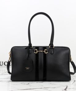 Borsetto Large Boston Bag Black Suede Trim 22.6 × 38.6 × 13 cm