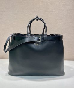 Buckle leather bag with belt Black 34.0x48.0x18.0 CM