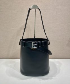 Buckle leather bucket bag with belt Black 29.0x26.5x18.0 CM