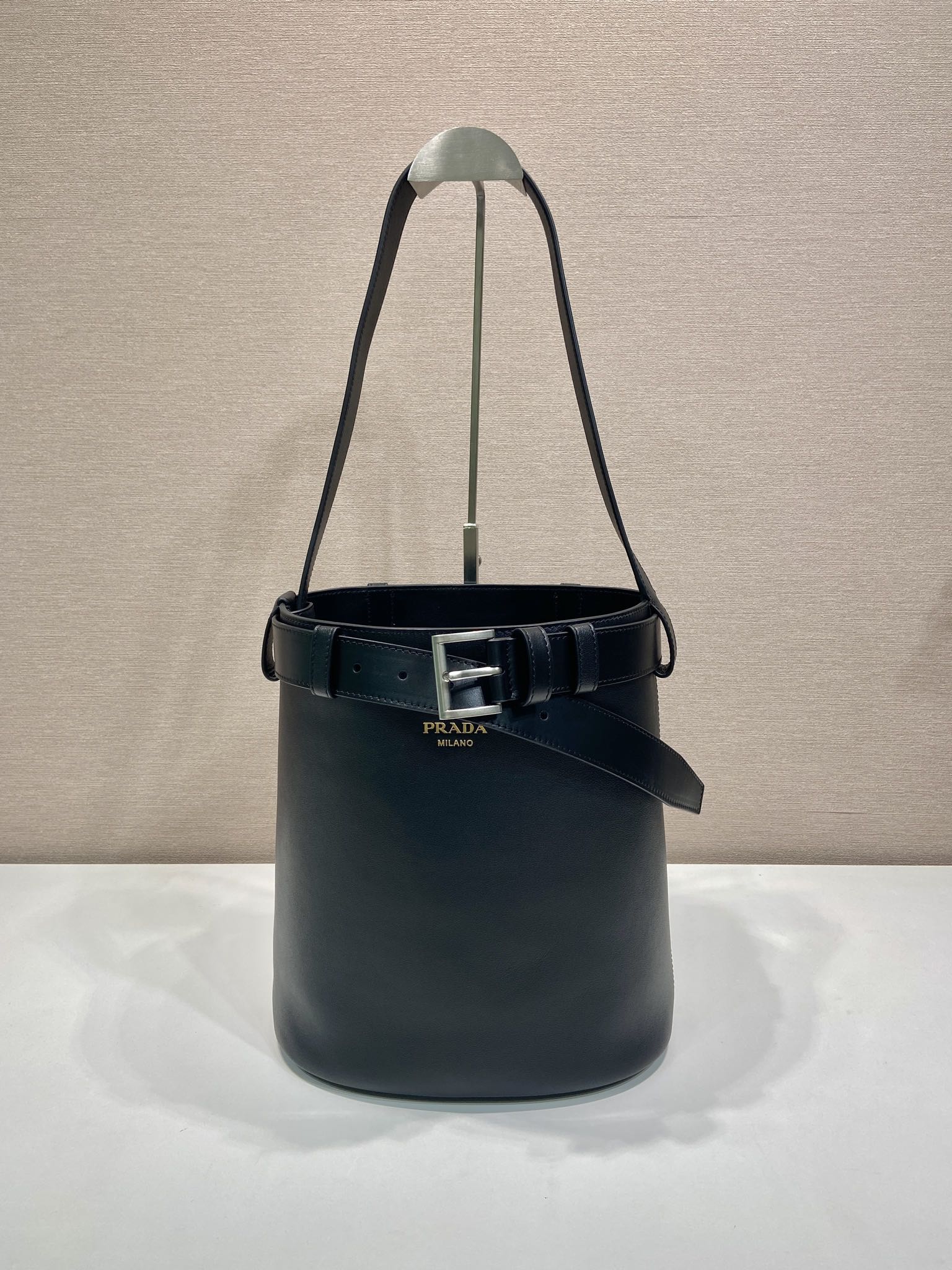 Buckle Leather Bucket Bag with Belt
