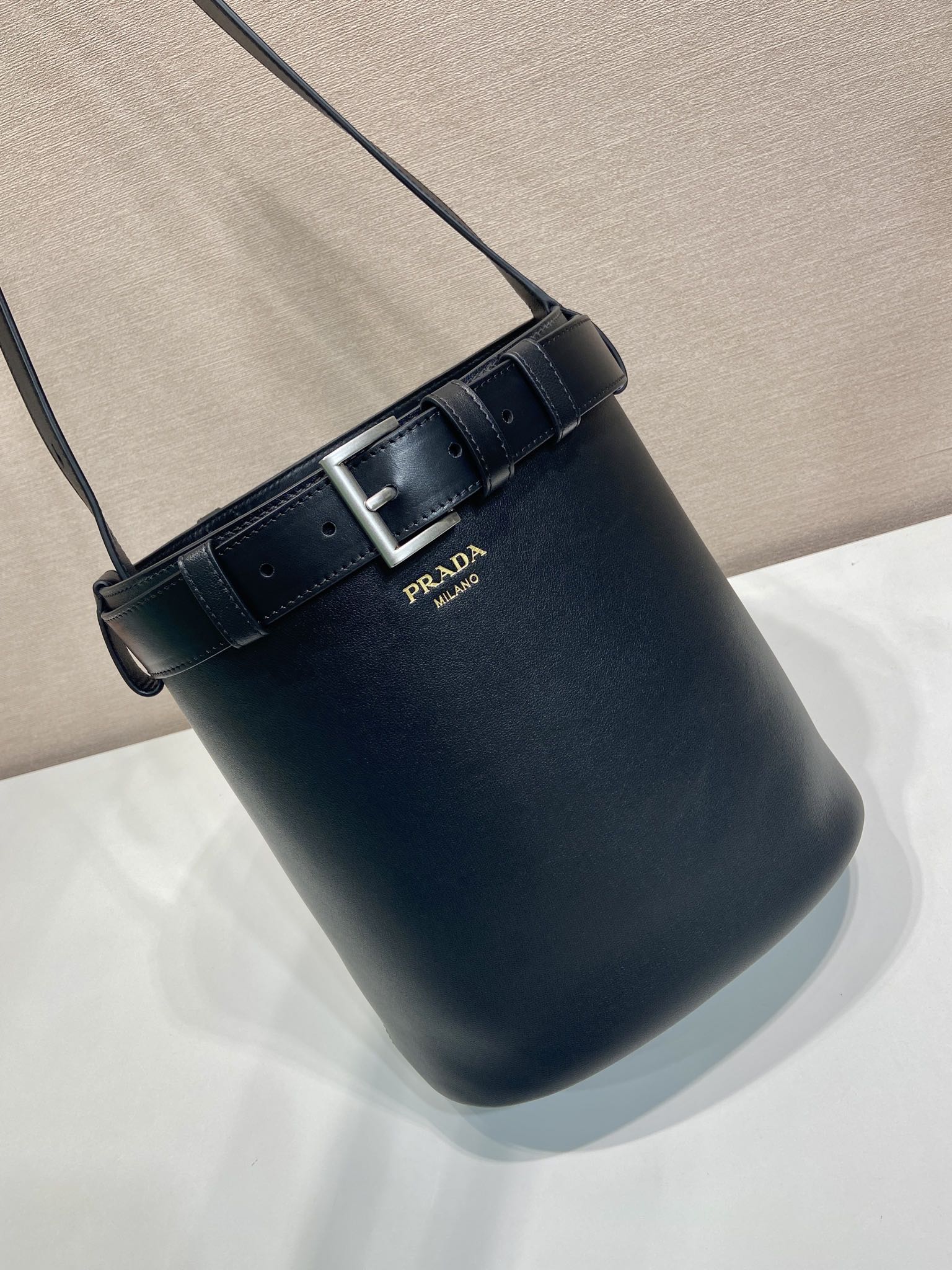Buckle Leather Bucket Bag with Belt - Image 2