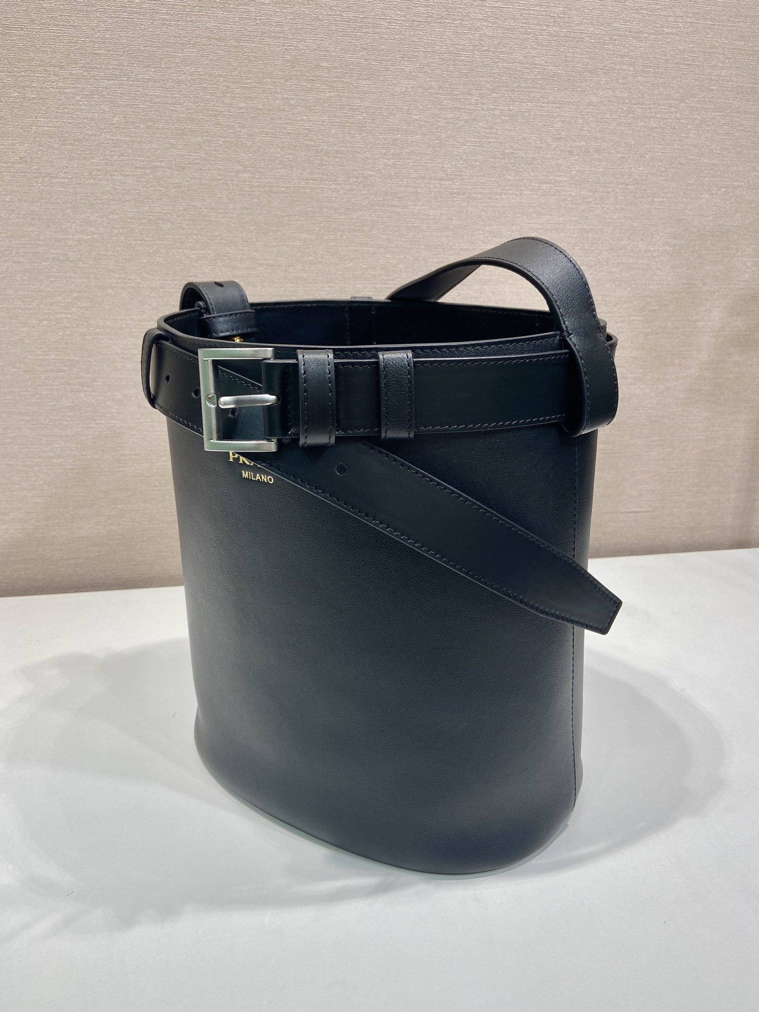 Buckle Leather Bucket Bag with Belt - Image 3