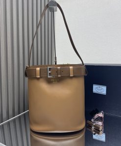 Buckle leather bucket bag with belt Caramel 29.0x26.5x18.0 CM