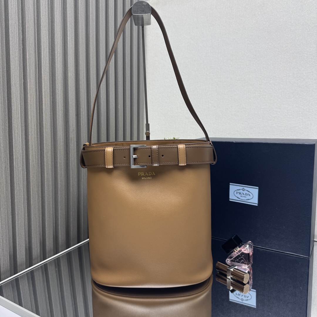 Buckle Leather Bucket Bag with Belt