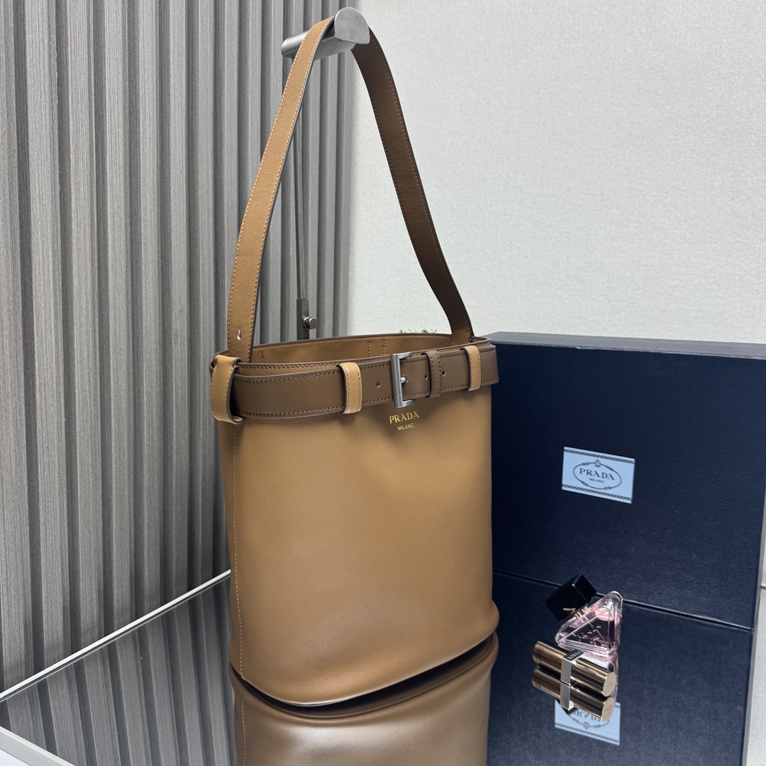 Buckle Leather Bucket Bag with Belt - Image 2