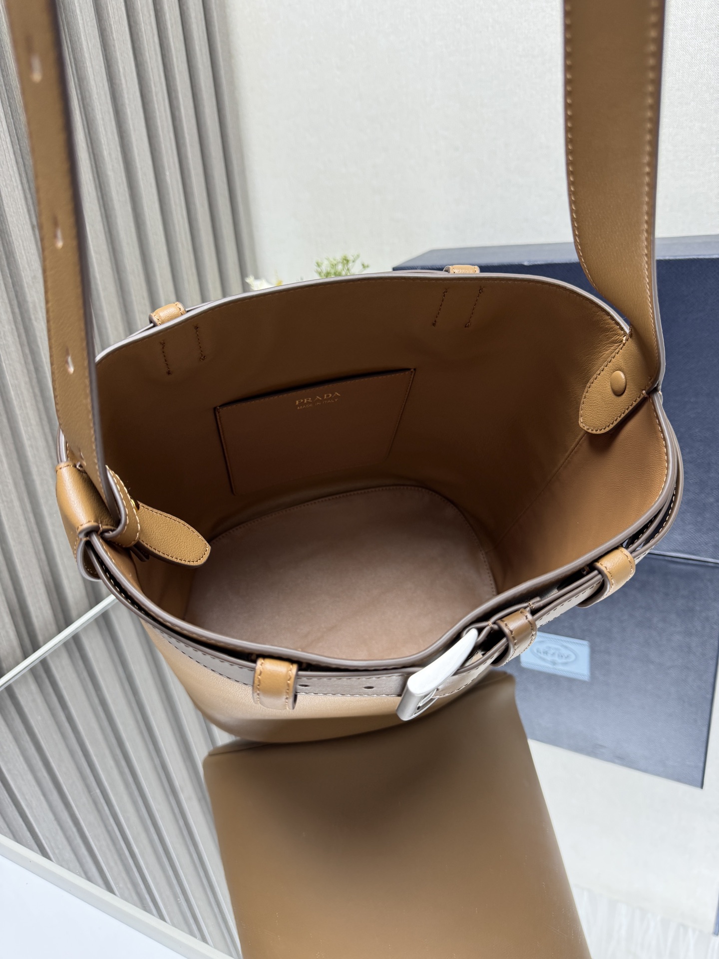 Buckle Leather Bucket Bag with Belt - Image 5