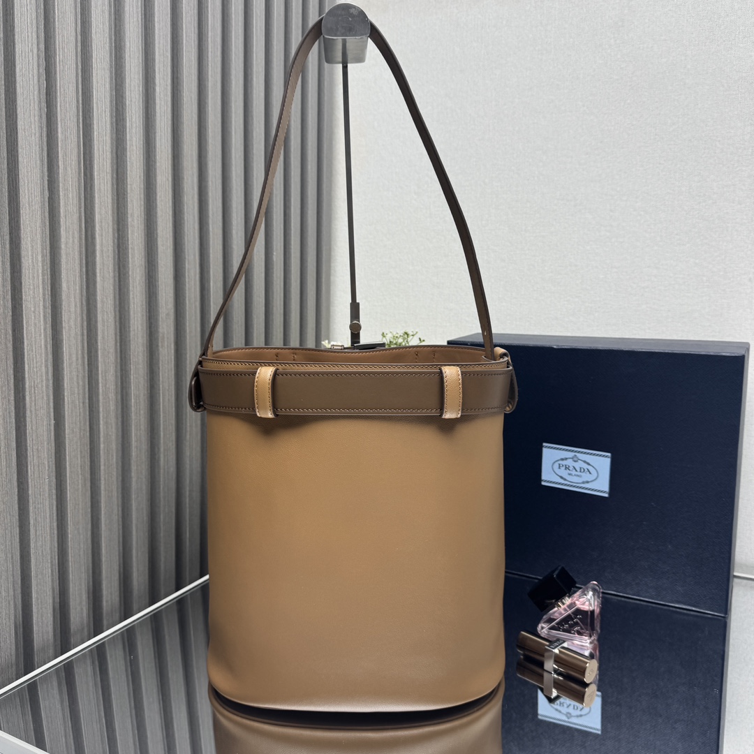 Buckle Leather Bucket Bag with Belt - Image 9