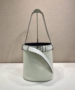 Buckle leather bucket bag with belt White/Black 29.0x26.5x18.0 CM