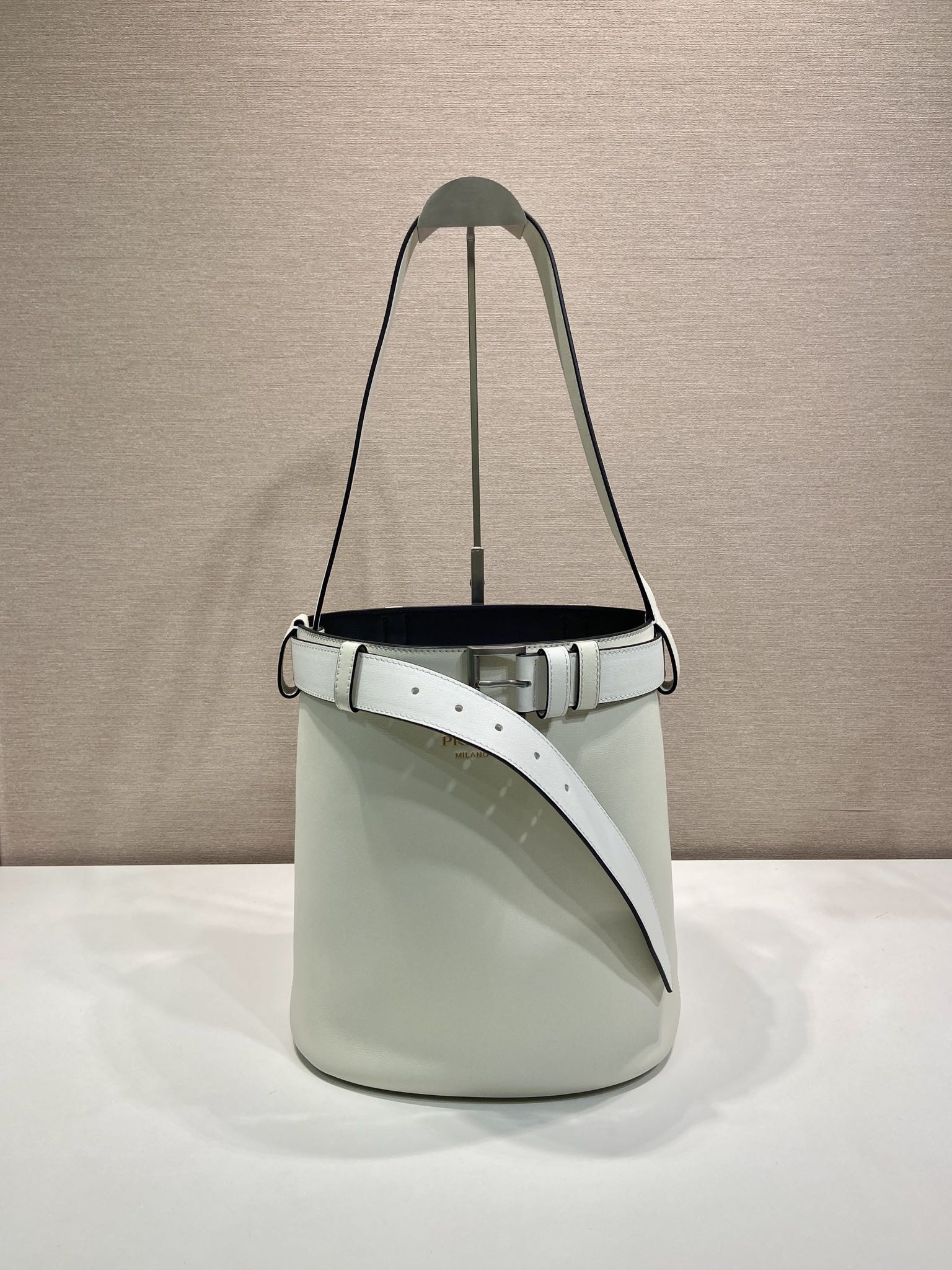 Buckle Leather Bucket Bag with Belt