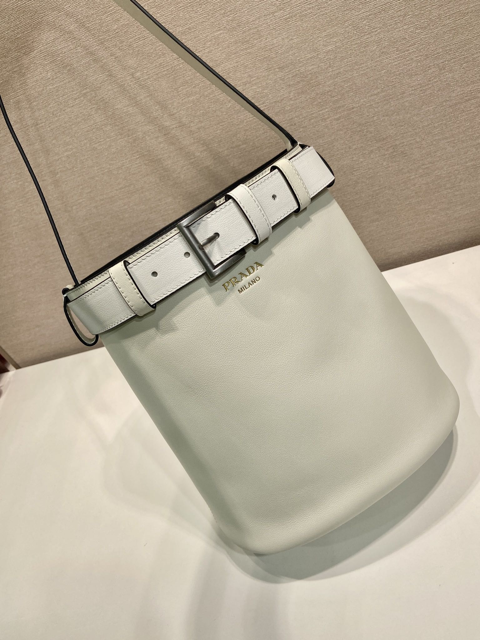 Buckle Leather Bucket Bag with Belt - Image 3