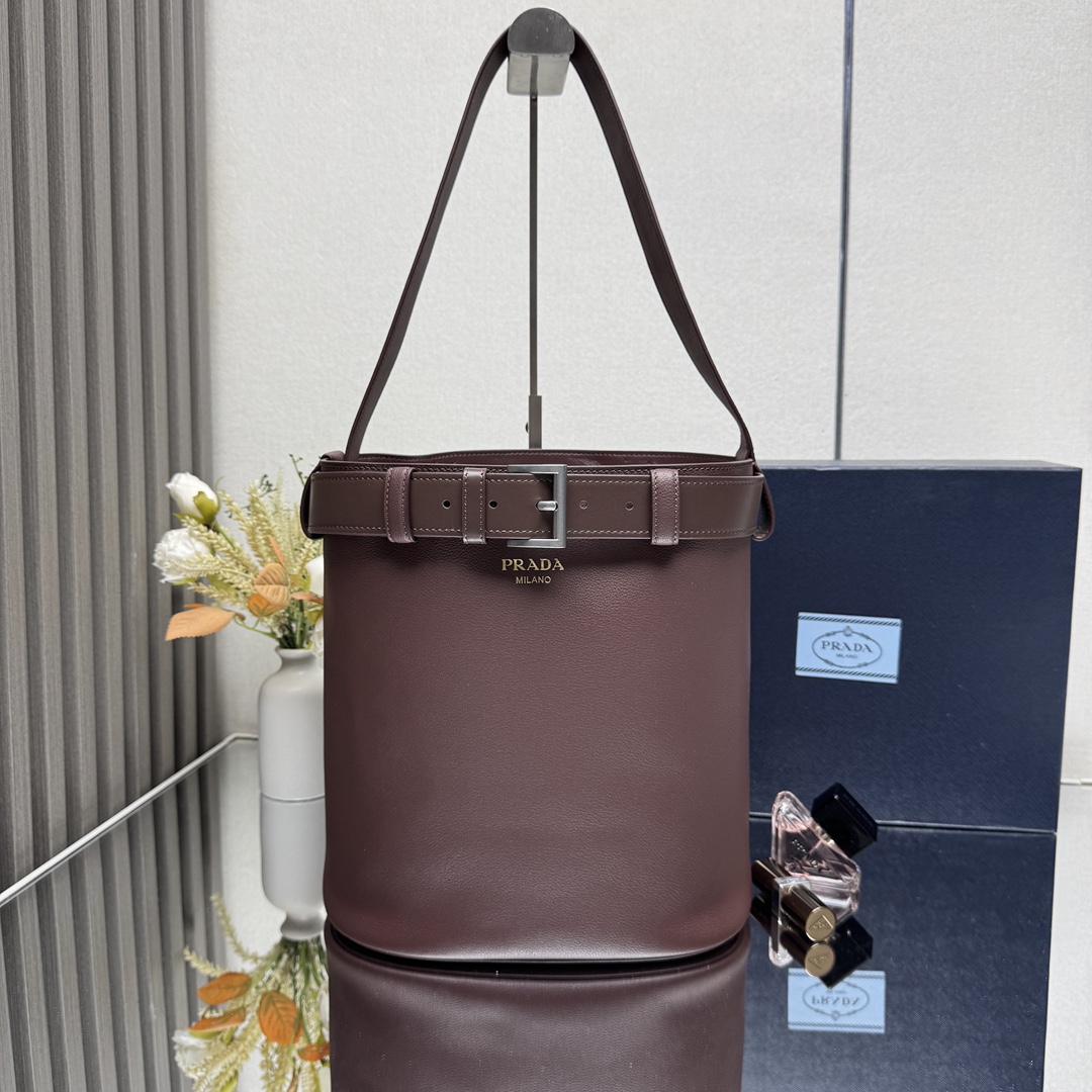 Buckle Leather Bucket Bag with Belt