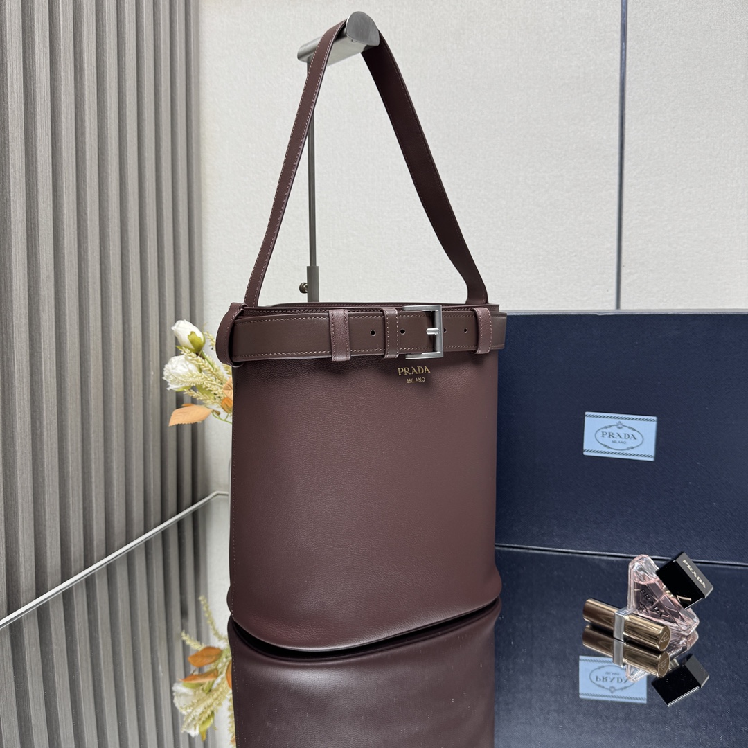 Buckle Leather Bucket Bag with Belt - Image 2