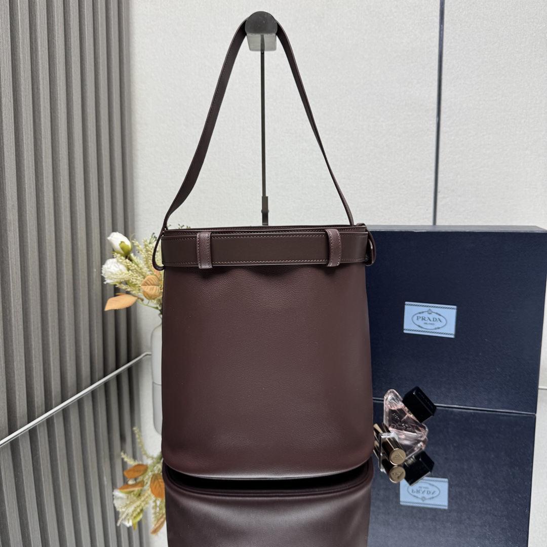 Buckle Leather Bucket Bag with Belt - Image 9
