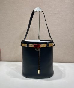 Buckle leather bucket bag with jeweled belt Black 29.0x26.5x18.0 CM