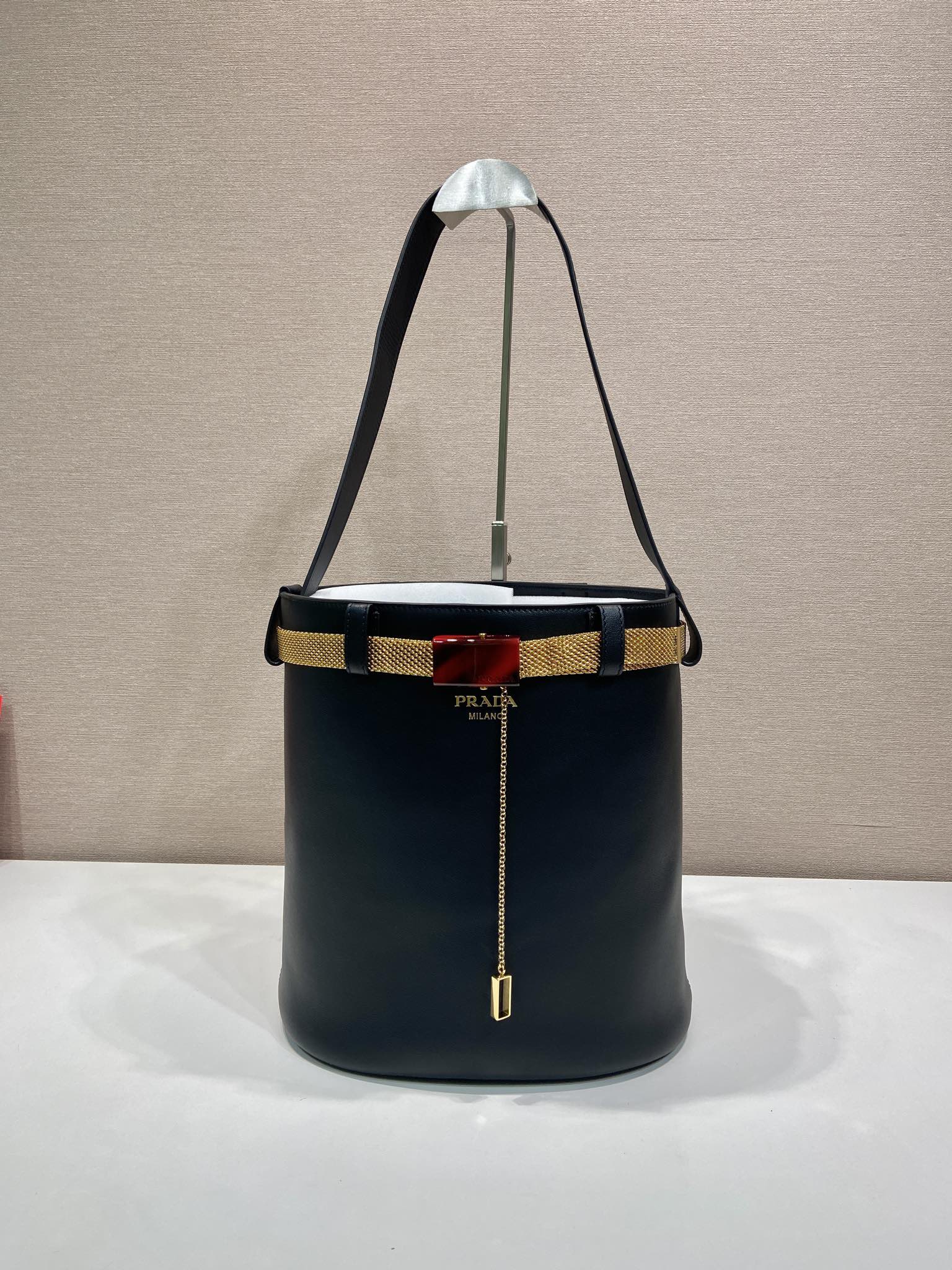 Buckle Leather Bucket Bag with Jeweled Belt