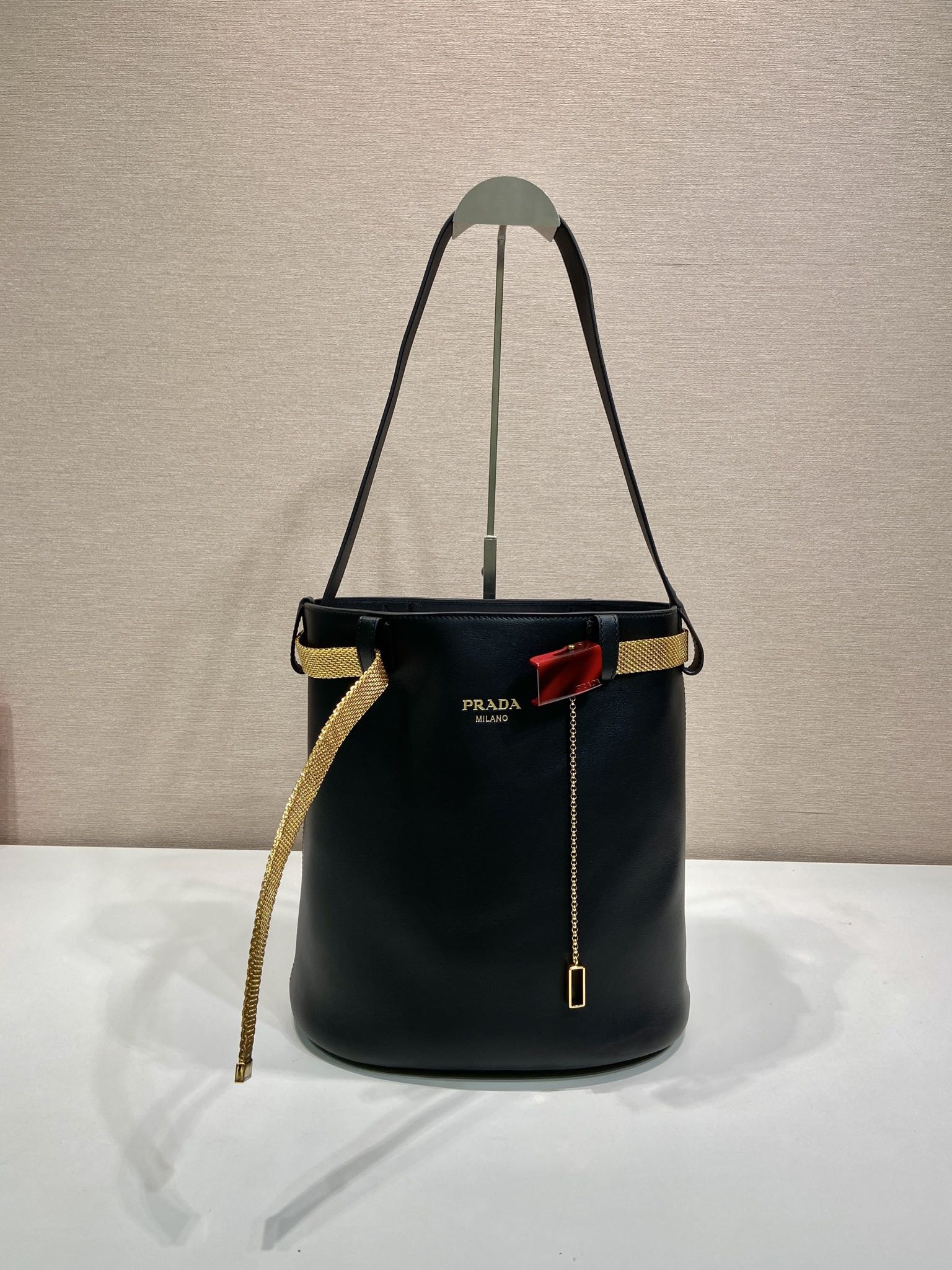 Buckle Leather Bucket Bag with Jeweled Belt - Image 2