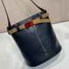 Buckle Leather Bucket Bag with Jeweled Belt