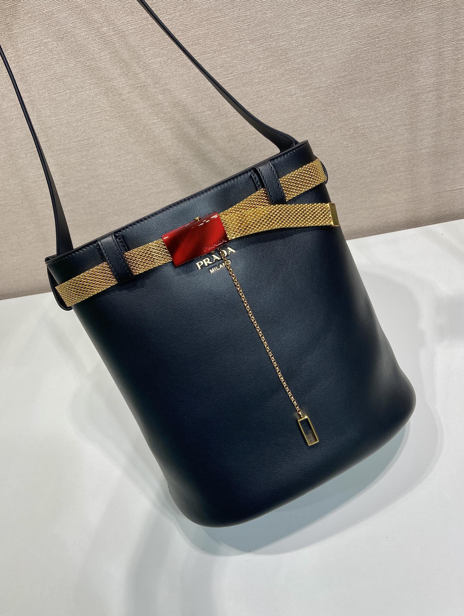 Buckle Leather Bucket Bag with Jeweled Belt - Image 3