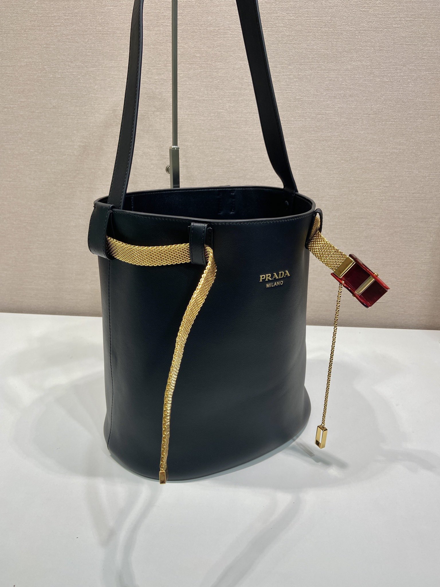 Buckle Leather Bucket Bag with Jeweled Belt - Image 4