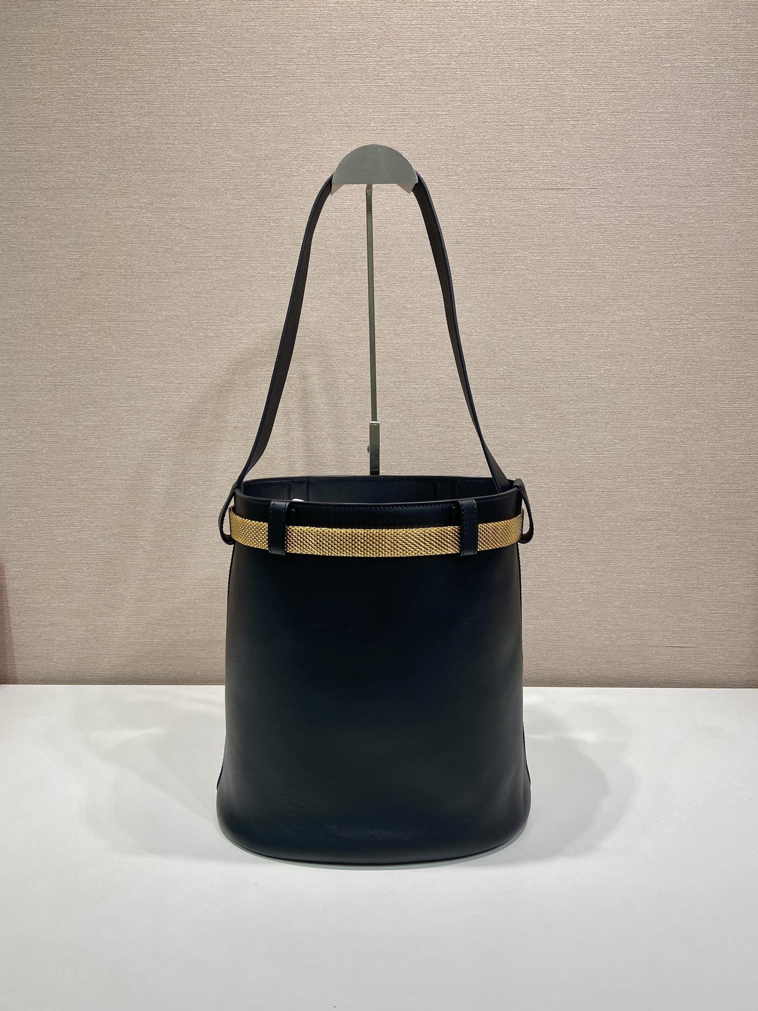 Buckle Leather Bucket Bag with Jeweled Belt - Image 8