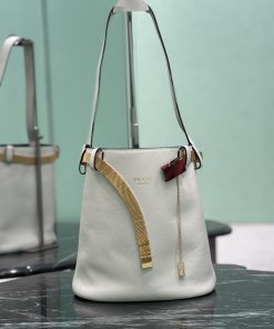 Buckle leather bucket bag with jeweled belt White/Black 29.0x26.5x18.0 CM