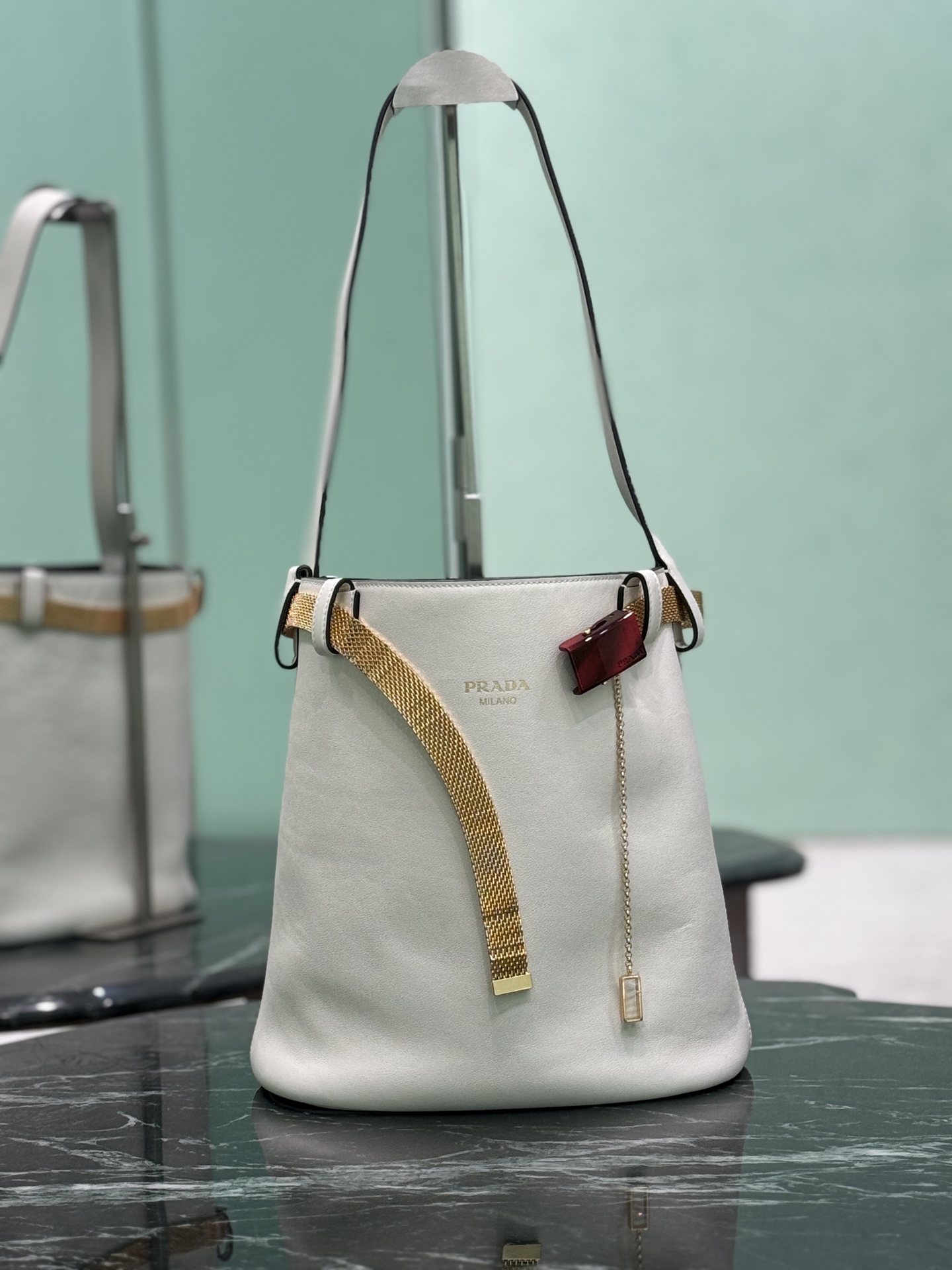 Buckle Leather Bucket Bag with Jeweled Belt