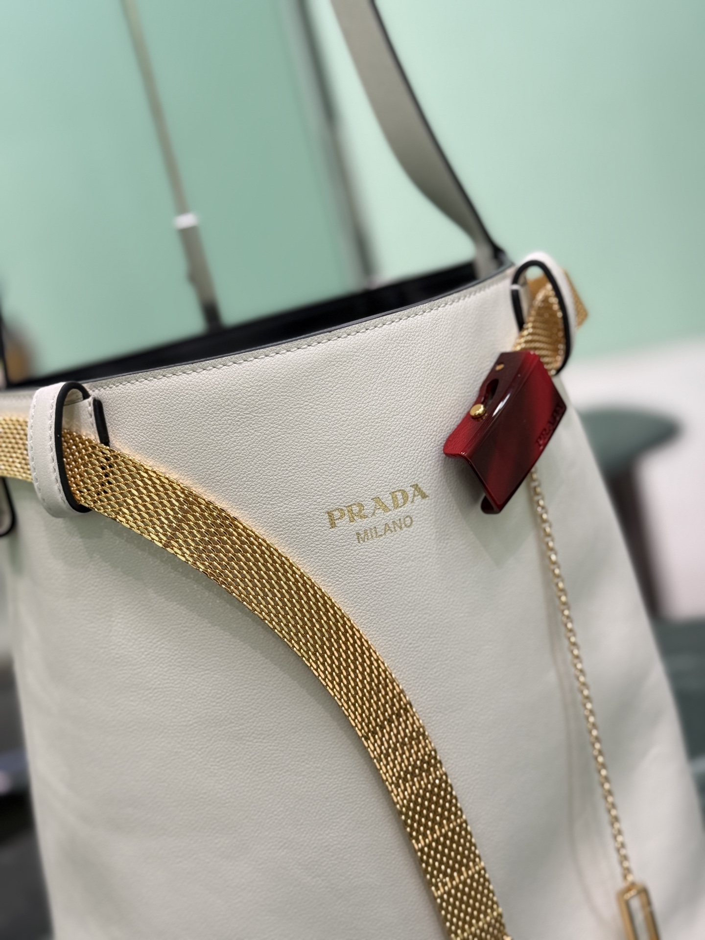 Buckle Leather Bucket Bag with Jeweled Belt - Image 2