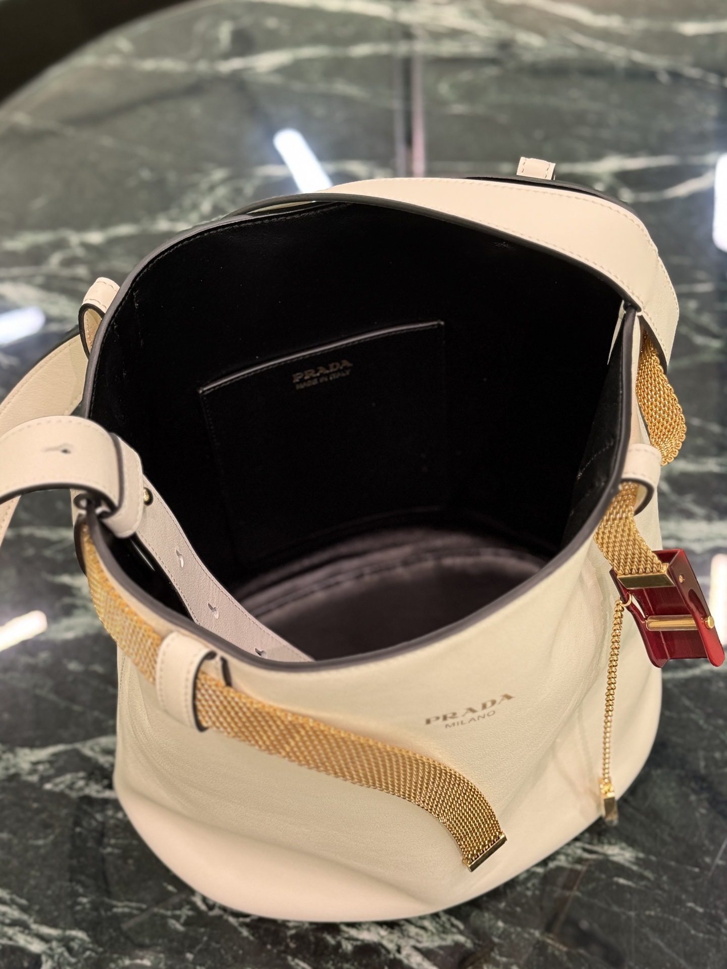 Buckle Leather Bucket Bag with Jeweled Belt - Image 5