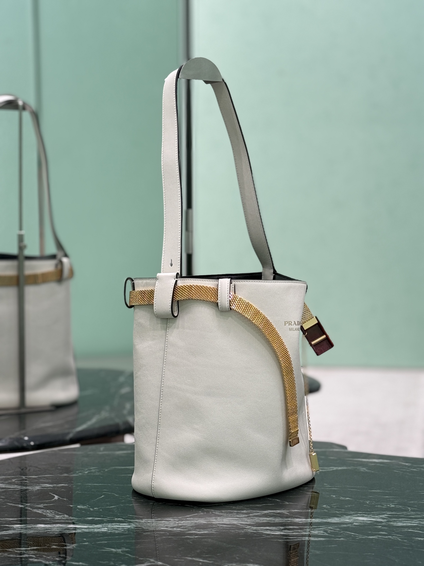 Buckle Leather Bucket Bag with Jeweled Belt - Image 8