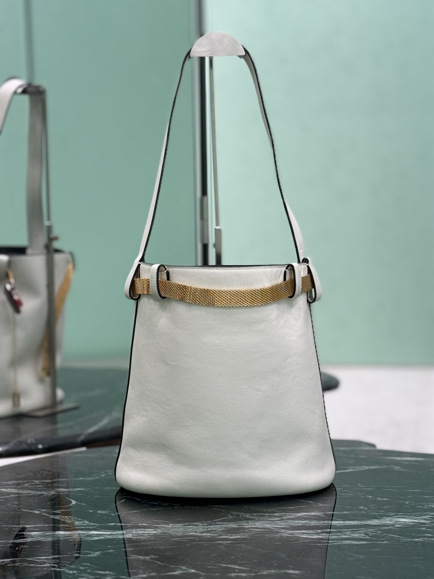 Buckle Leather Bucket Bag with Jeweled Belt - Image 9